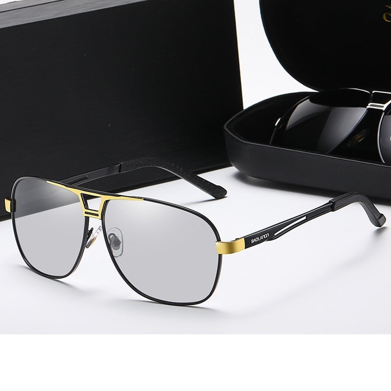 Black gold frame photochromic lenses on a white background