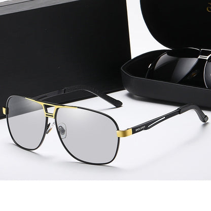 Black gold frame photochromic lenses on a white background