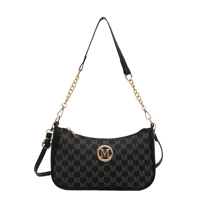 Women’s black monogram shoulder pouch bag with gold chain and side strap
