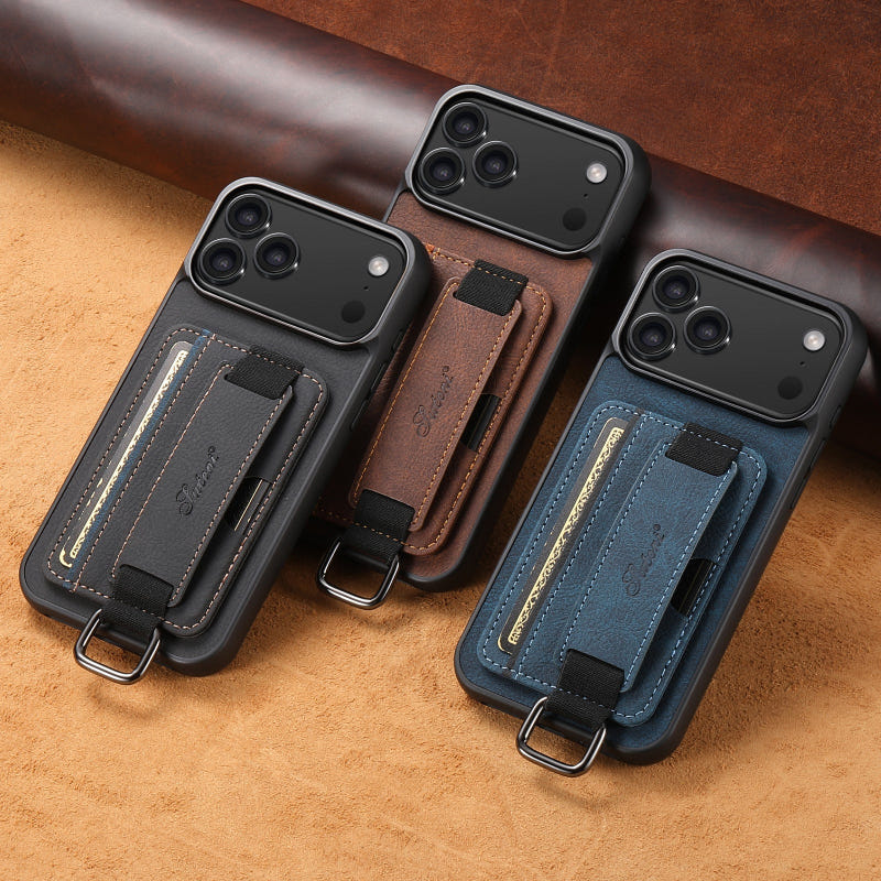 Set of iPhone card holder cases in black, brown, and blue with strap clips