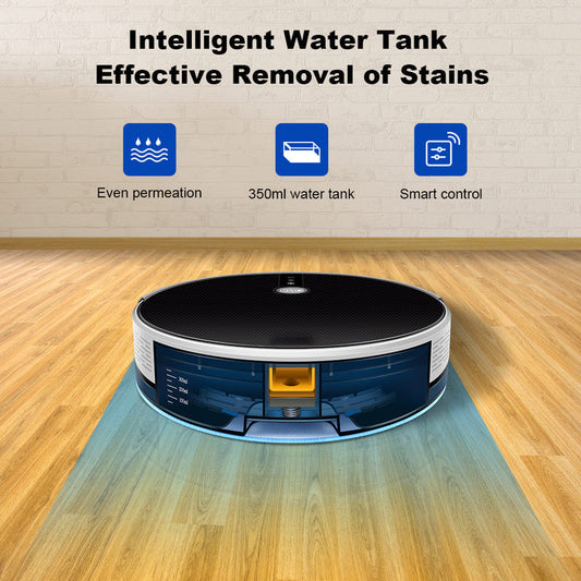 Black robot vacuum with circular design and front side cleaning brush detail