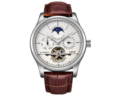 Luxury watch with brown leather strap and visible brand name on a white background