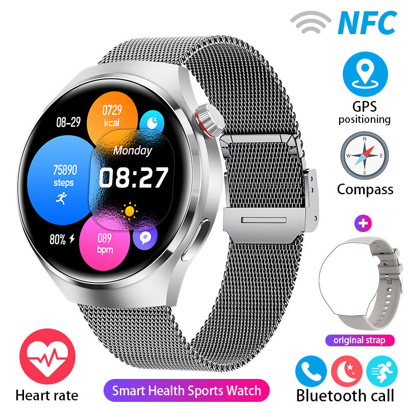 Round smartwatch with black mesh strap and colorful heart-rate and step display