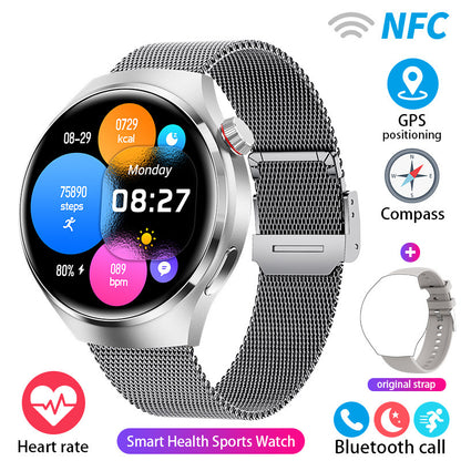 Round smartwatch with black mesh strap and colorful heart-rate and step display