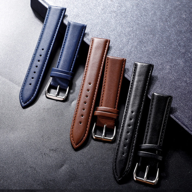 Vintage bamboo pattern leather watch straps set, silver buckles; blue, brown, black.