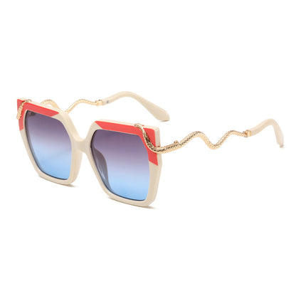 Sunglasses with red and blue gradient lenses on a white background