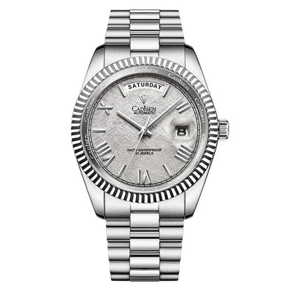Men’s automatic mechanical watch in silver tone with textured silver dial and metal link bracelet