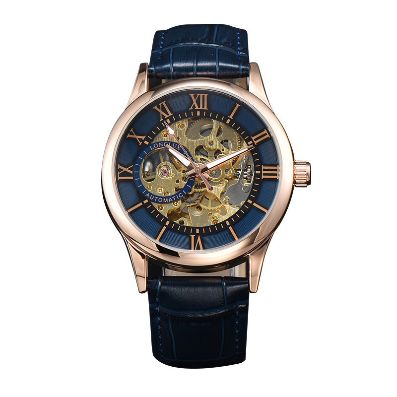 Luxury watch with blue strap and rose gold case on white background