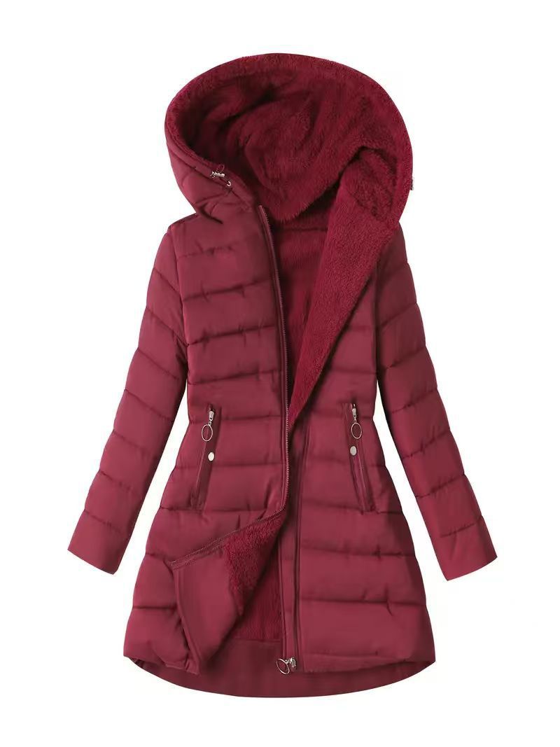 Hooded quilted cotton jacket, deep burgundy with plush hood lining and zip pockets