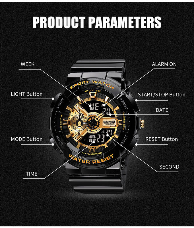 Black dual-display sports watch with gold dial details and multiple side buttons