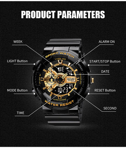 Black dual-display sports watch with gold dial details and multiple side buttons