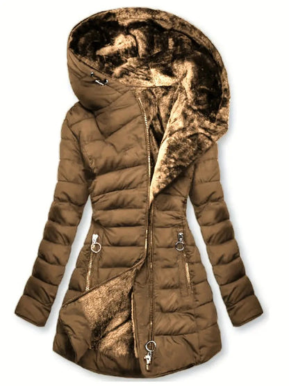 Hooded quilted cotton jacket, brown with plush gold faux-fur lining and zip pockets