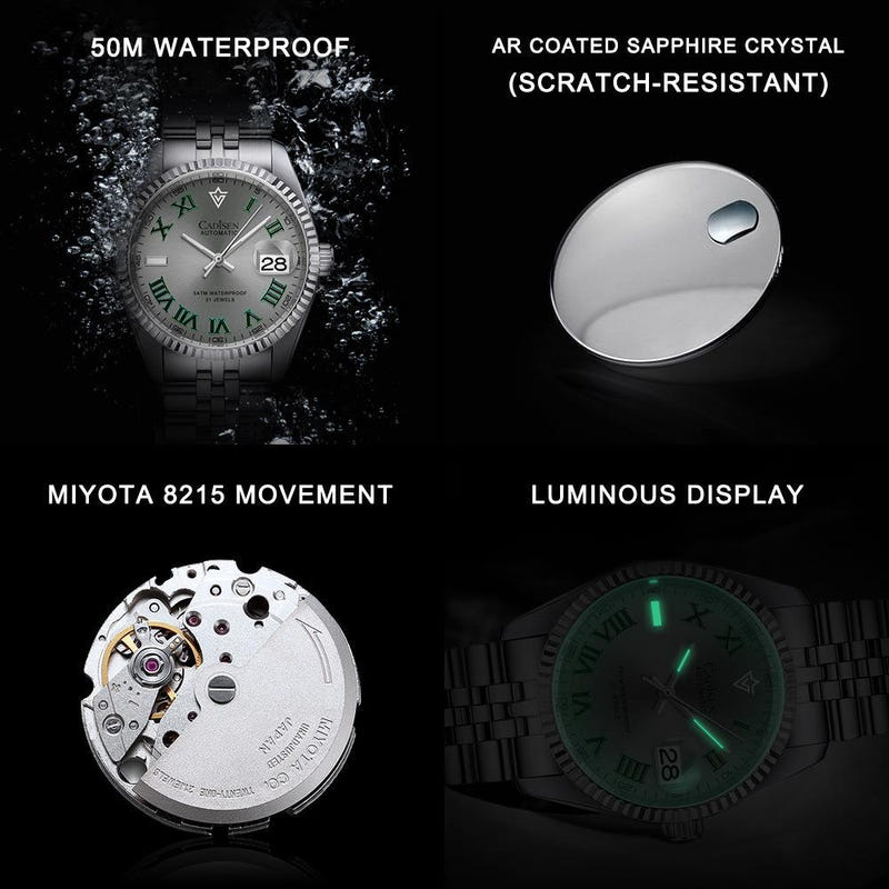 Men's automatic watch feature collage: sapphire crystal, water resistance, and luminous dial