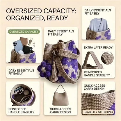 Hand-crocheted flower tote bag with purple pattern, side tassels and metal rings