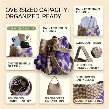 Hand-crocheted flower tote bag with purple pattern, crocheted blooms, and fringe tassel