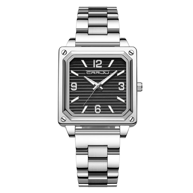 Unisex square waterproof quartz watch, silver metal bracelet, black dial with gold hour markers