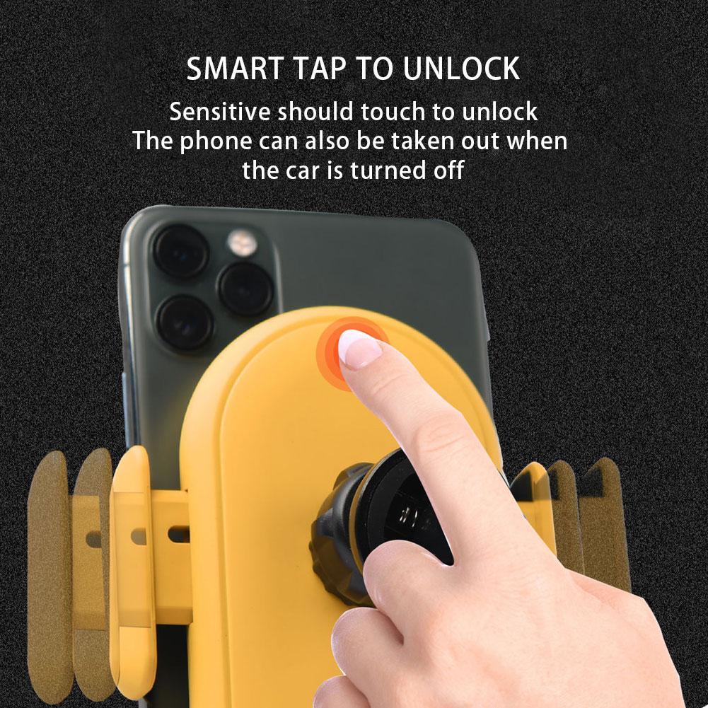 Yellow car wireless phone holder with touch unlock design and circular status display