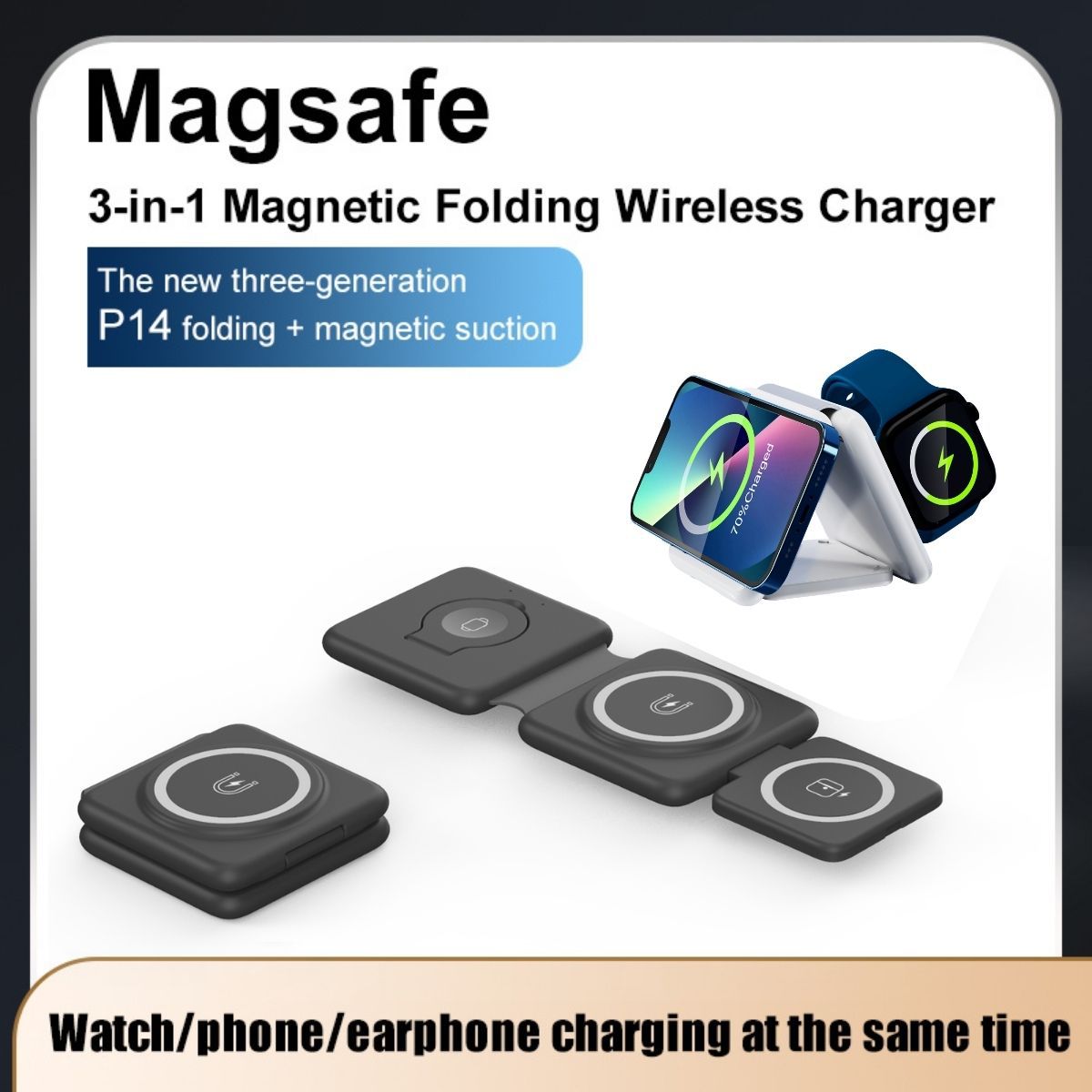 3-in-1 magnetic folding wireless charger with black charging pads and foldable stand