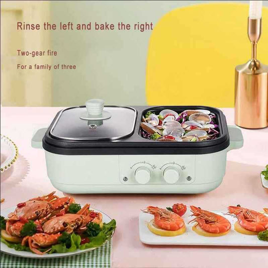 Multifunctional cooking appliance with food on a table, accompanied by text instructions.