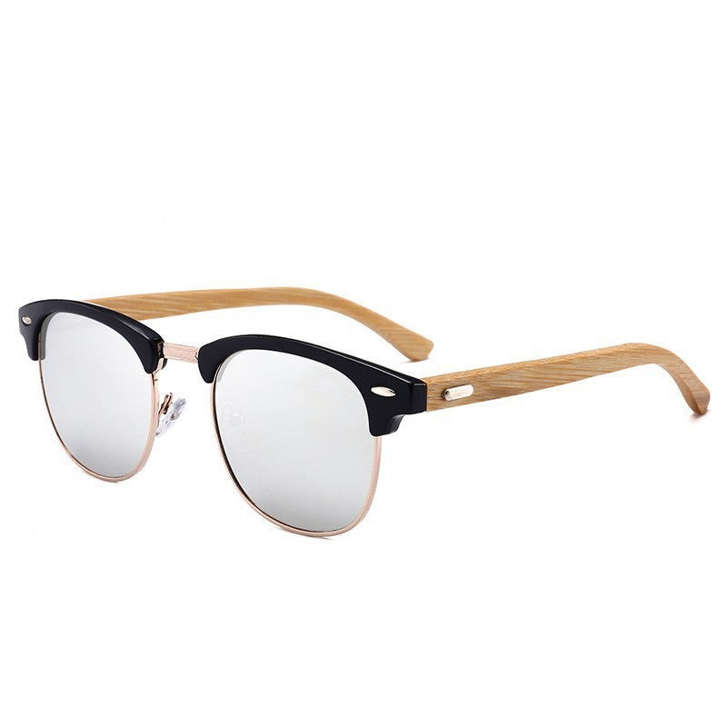 Unisex sunglasses with black frame, white lenses, and light wood temple arms