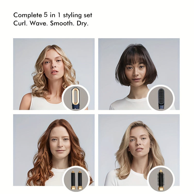 5-in-1 styling set attachments displayed for curl, wave, and smooth looks