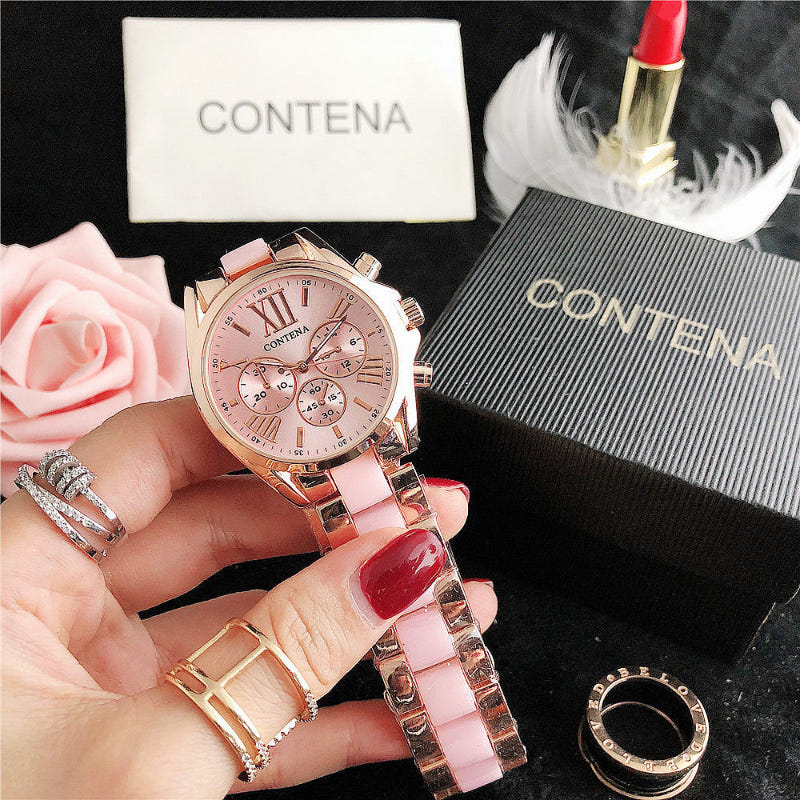 Ladies quartz watch with rose-gold tone case, light pink Roman-numeral dial, metal bracelet
