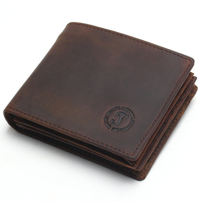 Brown leather wallet with a brand logo on a white background