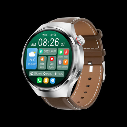 Round smartwatch with silver case and brown leather-style strap with activity display