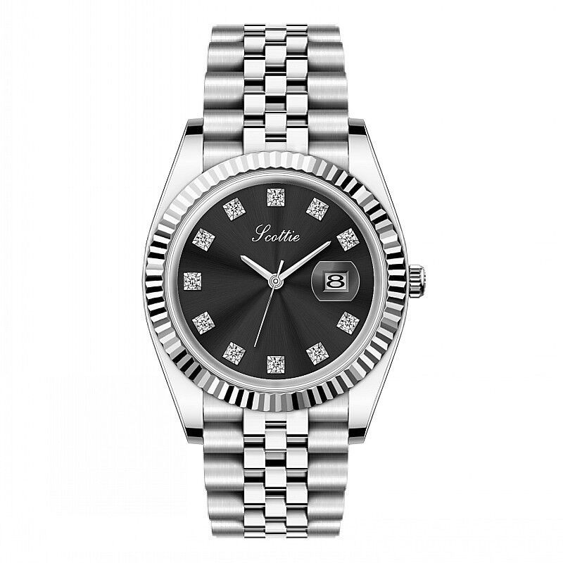 Silver watch with black dial featuring gemstone accents on a white background