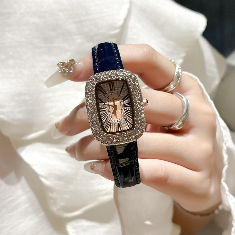 Women's diamond waterproof quartz watch with navy leather-look strap and rectangular bezel