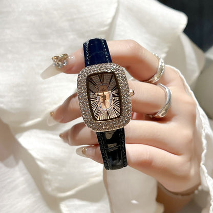 Women's diamond waterproof quartz watch with navy leather-look strap and rectangular bezel