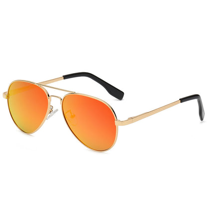 Aviator sunglasses with orange lenses and gold frames on a white background