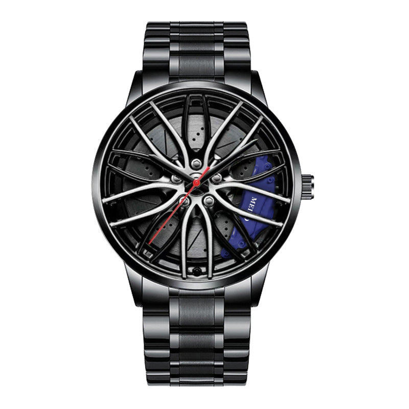 Wristwatch with a unique design resembling a car wheel on a white background