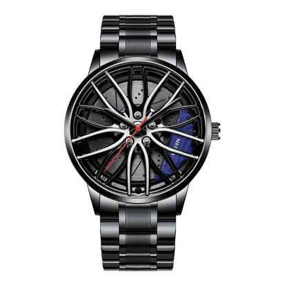 Wristwatch with a unique design resembling a car wheel on a white background