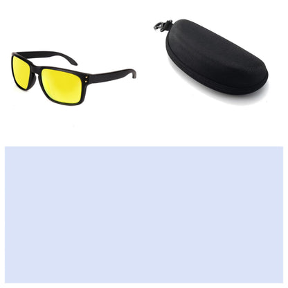 Sunglasses with yellow lenses and a black case on a white background