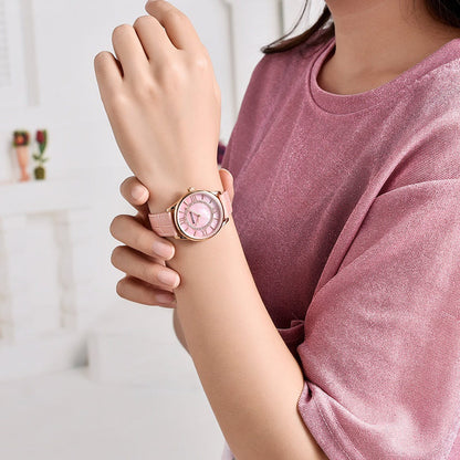Quartz watch with rose-gold case and pink dial, pink leather strap, on wrist, BENYAR