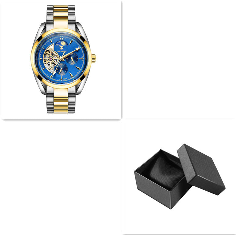 Two-tone mechanical tourbillon watch with blue dial and gold-and-steel metal link bracelet