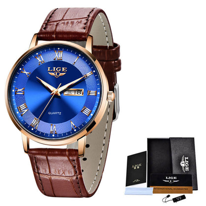 Watch with blue face and brown leather strap, including packaging and LIGE branded box on a white background.