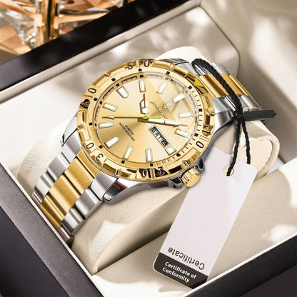 Men's Swiss quartz dress watch with gold dial, two-tone gold and silver bracelet, round bezel