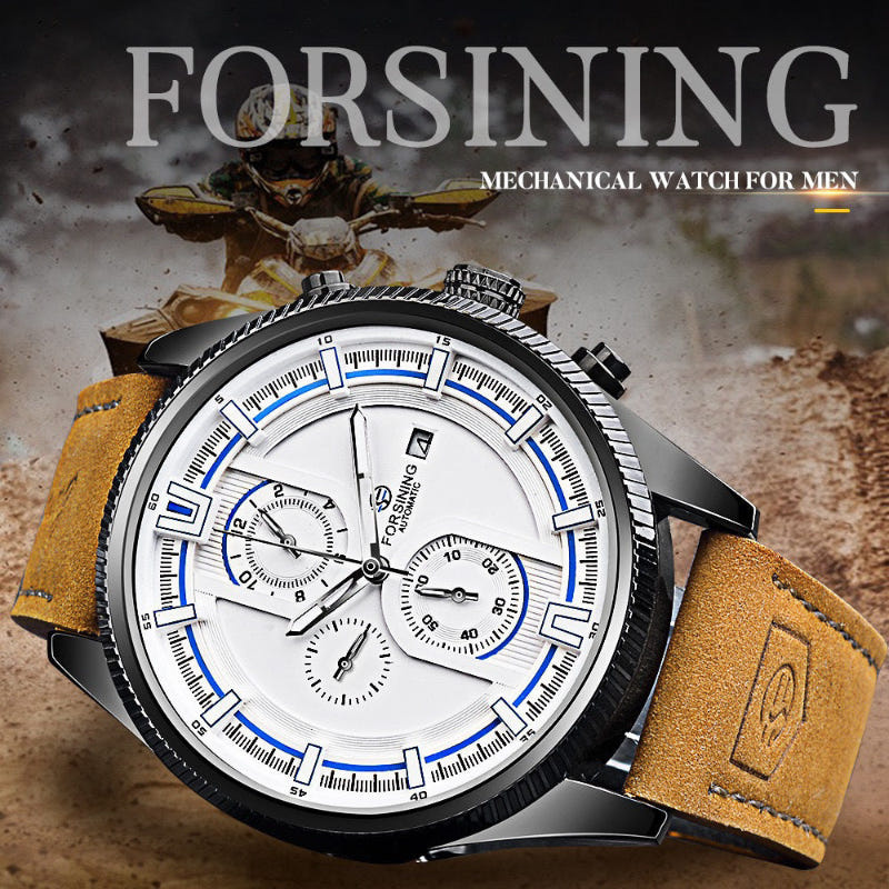 Men’s automatic sports watch with white dial, blue accents, black bezel and tan leather strap