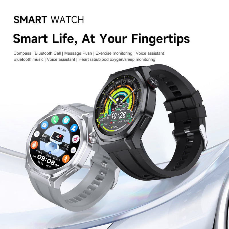 Two smart watches with a white background and text highlighting features.