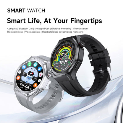 Two smart watches with a white background and text highlighting features.