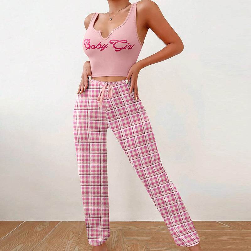 Spring Summer Women's Casual Pajamas Home Wear Vest Color Matching Plaid Trousers Letter Print Top Ladies 2 Pcs Home Clothes Sleepwear - YAXSO
