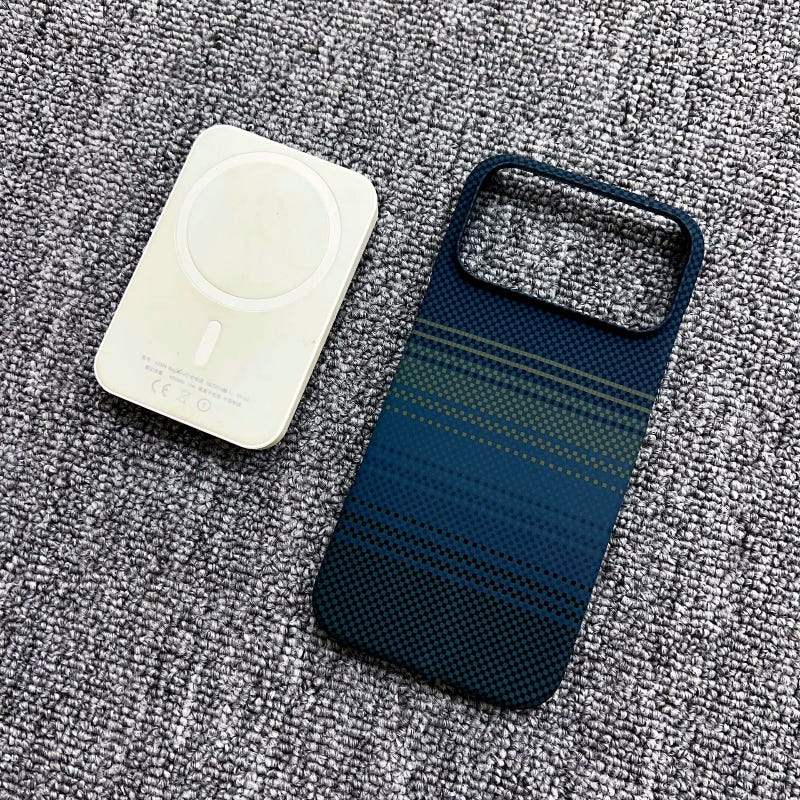 Magnetic iPhone case with blue striped pattern back and camera cutout, plus white magnetic plate