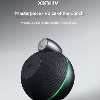 Black wireless fast-charging Bluetooth home speaker with top grille and green LED ring