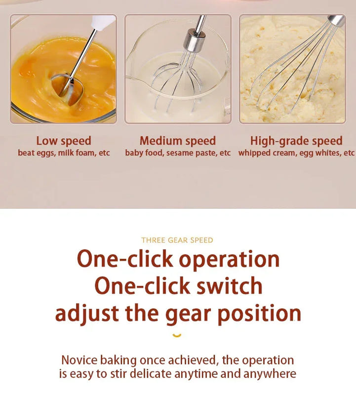 Wireless egg beater whisk attachment shown mixing at low, medium, and high speed levels