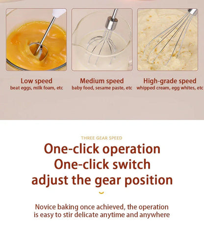 Wireless egg beater whisk attachment shown mixing at low, medium, and high speed levels