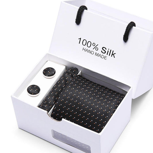Men's silk tie set gift box with black dotted tie and matching round cufflinks