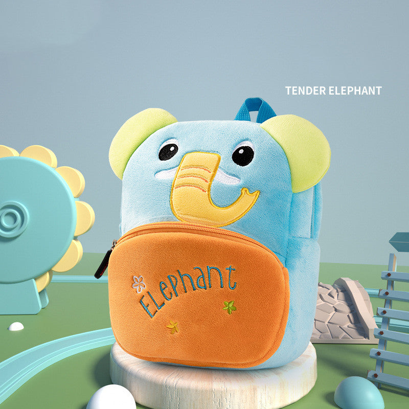 Plush small school bag with blue elephant and orange front pouch, zip closure