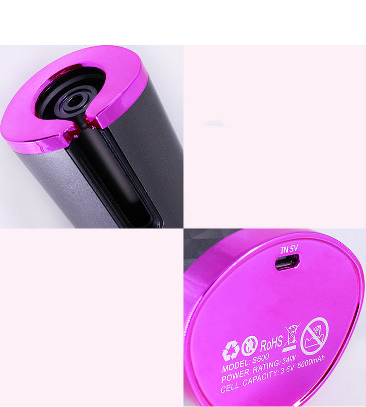 Pink and black automatic hair curler with open heating chamber close-up